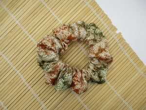 Moss Green X Brown Shibori Beautiful Silk Kimono Scrunchies, Vintage Eco Friendly