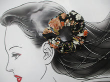Load image into Gallery viewer, Floral Black Kimono Scrunchies, Japanese Vintage Silk Fabric Accessory
