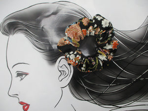 Floral Black Kimono Scrunchies, Japanese Vintage Silk Fabric Accessory