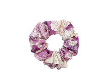 Load image into Gallery viewer, Purple Sleek Floral Silk Kimono Scrunchy, Vintage Fabric Scrunchie
