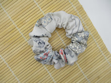 Load image into Gallery viewer, Vintage Silk Kimono Scrunchies, Japanese Hair tie, Kawaii Floral Icy Blue
