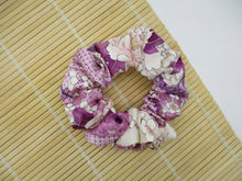 Load image into Gallery viewer, Purple Sleek Floral Silk Kimono Scrunchy, Vintage Fabric Scrunchie
