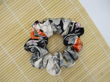 Load image into Gallery viewer, Silk Kimono Scrunchie Ship from USA Japanese Gift Idea Black Orange Floral
