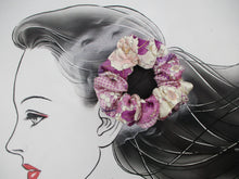 Load image into Gallery viewer, Purple Sleek Floral Silk Kimono Scrunchy, Vintage Fabric Scrunchie

