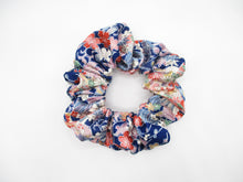 Load image into Gallery viewer, Vintage Silk Kimono Scrunchies, Japanese Hair tie, Kawaii Floral Blue
