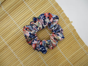 Vintage Silk Kimono Scrunchies, Japanese Hair tie, Kawaii Floral Blue