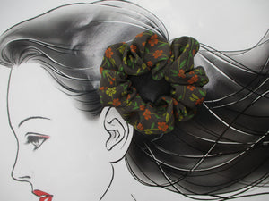 Brown Floral Kimono Silk Scrunchies, Japanese Fabric