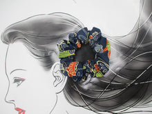 Load image into Gallery viewer, Vintage Silk Kimono Fabric Navy Blue Scrunchies, Handmade
