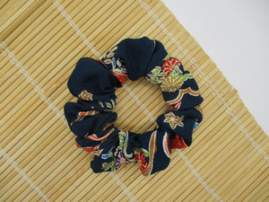 Kimono Scrunchies, Floral Statement Japanese Fabric Scrunchy Blue