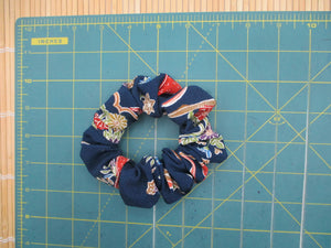 Kimono Scrunchies, Floral Statement Japanese Fabric Scrunchy Blue