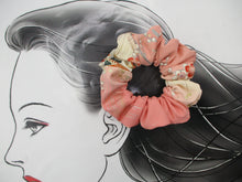 Load image into Gallery viewer, Pink Floral Silk Kimono Scrunchies Ship from USA Japanese Upcycled

