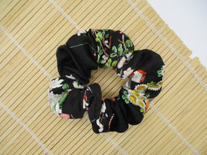 Black Silk Kimono Scrunchies, Japanese Fabric Hair Tie Elegant Floral