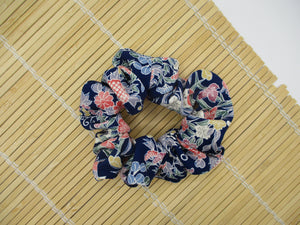 Japanese Kimono Scrunchy, Upcycled Handmade Silk Hair Tie Floral Blue