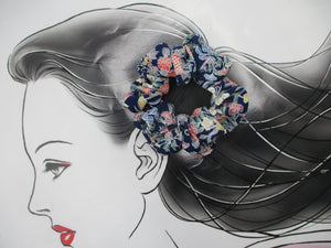 Japanese Kimono Scrunchy, Upcycled Handmade Silk Hair Tie Floral Blue