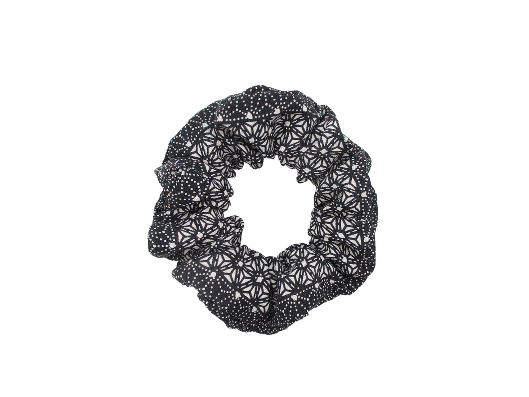 Black Asanoha Silk Kimono Scrunchie Vintage Fabric Accessory