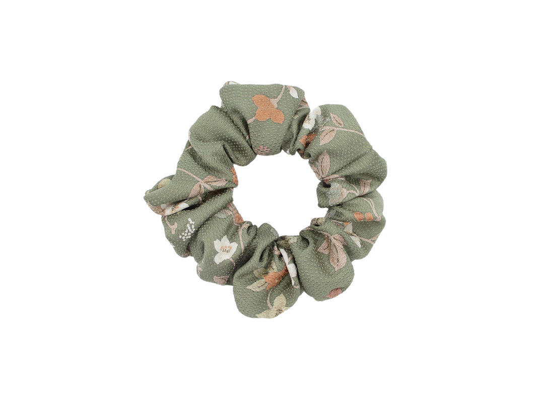 Floral Gray Pink Upcycled Vintage Silk Kimono Scrunchie