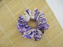 Load image into Gallery viewer, Purple Floral Silky Silk Scrunchies, Recycled Kimono Hair Tie
