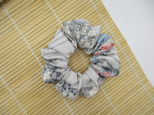 Load image into Gallery viewer, Light Blue Gray Floral Recycled Silk Kimono Scrunchie, Ship from USA
