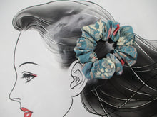 Load image into Gallery viewer, Silk Kimono Scrunchies, Japanese Fabric Hair Tie Light Blue Floral

