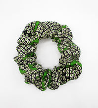 Load image into Gallery viewer, Green Black Shibori Silk Kimono Scrunchies, Japanese Fabric Hair Tie
