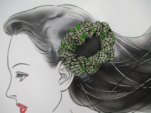 Green Black Shibori Silk Kimono Scrunchies, Japanese Fabric Hair Tie
