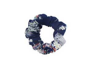 Vintage Silk Kimono Scrunchies, Ship from USA Blue Floral Hair Tie
