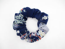 Load image into Gallery viewer, Vintage Silk Kimono Scrunchies, Ship from USA Blue Floral Hair Tie
