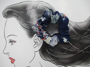 Vintage Silk Kimono Scrunchies, Ship from USA Blue Floral Hair Tie