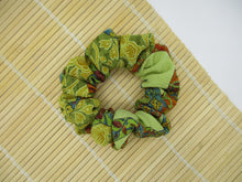 Load image into Gallery viewer, Chirimen Green Silk Kimono Scrunchies Japanese Fabric Handmade
