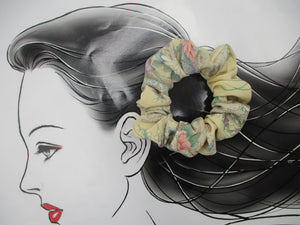 Floral Light Beige Upcycled Vintage Silk Kimono Scrunchie
