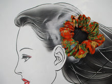Load image into Gallery viewer, Orange Floral Elegant Kimono Scrunchies, Upcycled Handmade Gift
