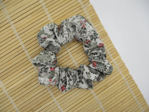 Silk Kimono Scrunchies, Ship from USA Japanese Gift Idea Gray Floral