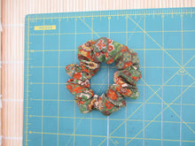 Load image into Gallery viewer, Japanese Kimono Scrunchy, Upcycled Handmade Silk Hair Tie Floral Green Brown
