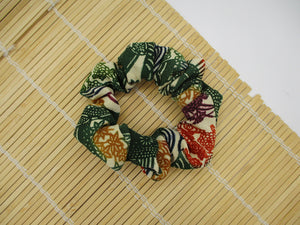 Vintage Kimono Green Katazome Silk Scrunchy, Ship from USA Eco Friendly