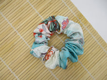 Load image into Gallery viewer, Light Blue Kawaii Floral Simple Handmade Vintage Silk Kimono Scrunchie
