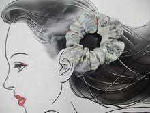Load image into Gallery viewer, Light Blue Gray Floral Recycled Silk Kimono Scrunchie, Ship from USA
