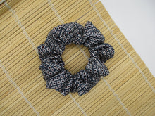 Load image into Gallery viewer, Statement Brown Dots Light Blue Shibori Silk Scrunchies, Recycled Kimono Hair Tie
