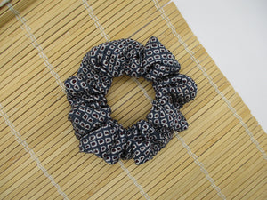 Statement Brown Dots Light Blue Shibori Silk Scrunchies, Recycled Kimono Hair Tie