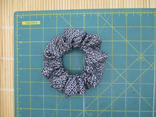 Load image into Gallery viewer, Statement Brown Dots Light Blue Shibori Silk Scrunchies, Recycled Kimono Hair Tie
