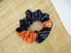 Navy Blue X Orange Shibori Kimono Silk Scrunchies, Ship from USA