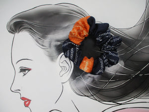 Navy Blue X Orange Shibori Kimono Silk Scrunchies, Ship from USA
