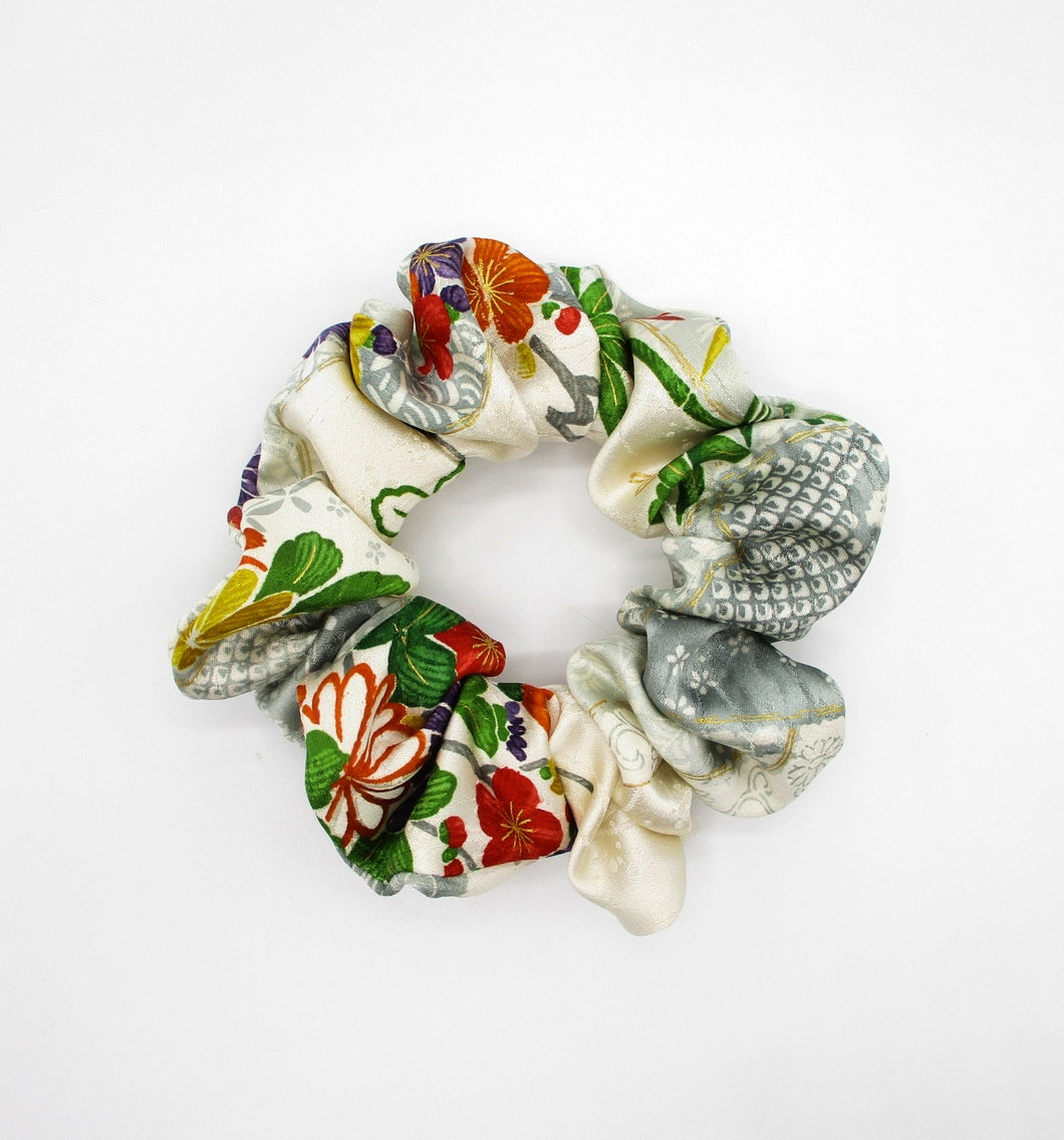 Silk Kimono Scrunchies, Japanese Gift Ship from USA, White Colorful Flowers