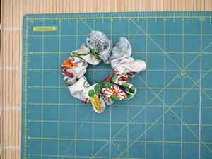 Silk Kimono Scrunchies, Japanese Gift Ship from USA, White Colorful Flowers
