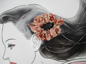 Brown Katazome Kimono Scrunchies, Vintage Silk Fabric Hair Tie